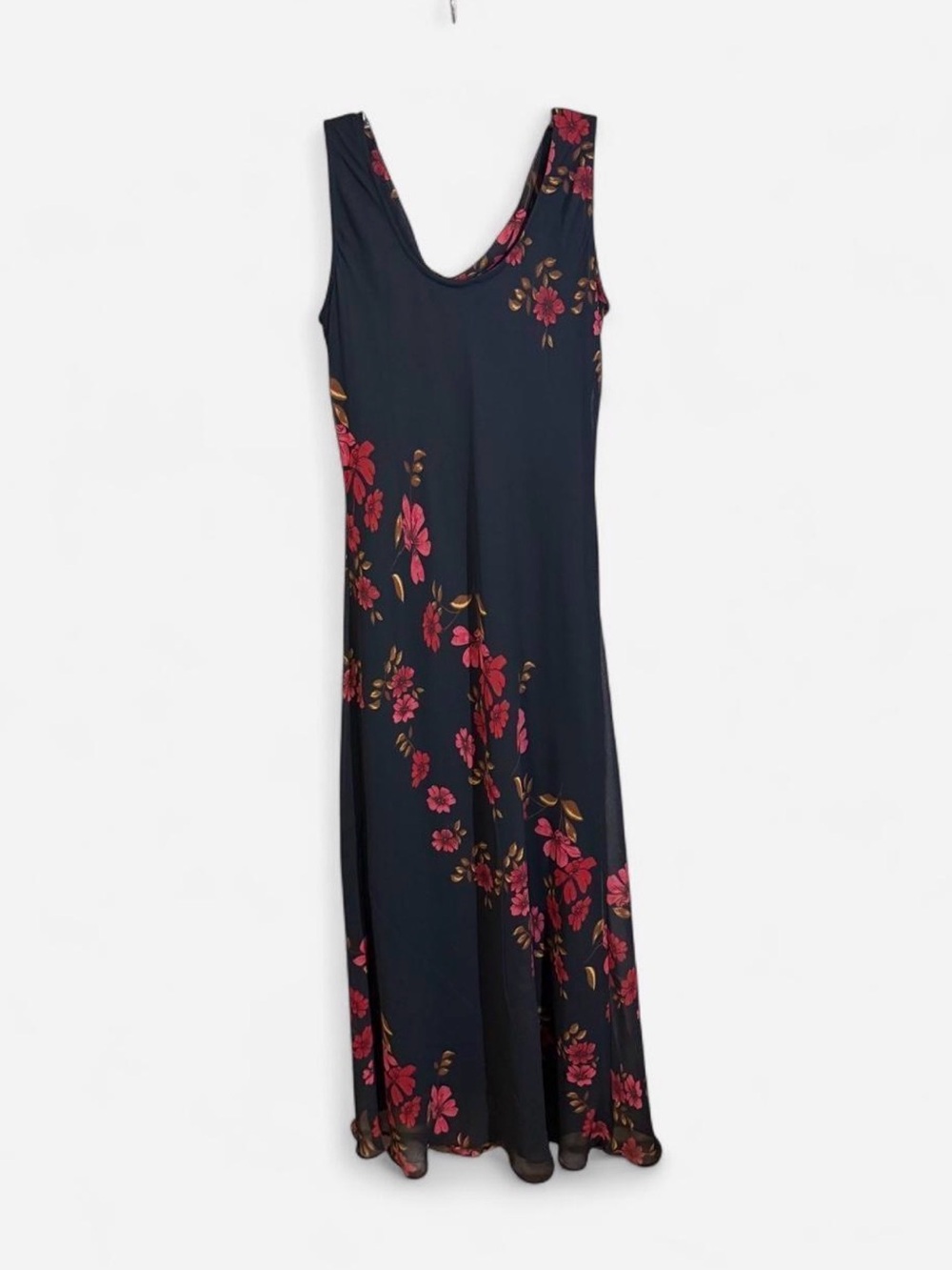 Eva Blue Black Floral Maxi Dress with Pink Blooms - Vintage 90’s